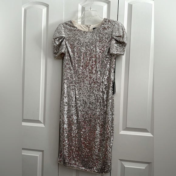 ADRIANNA PAPELL SEQUIN SILVER EVENING SHEATH DRESS SIZE 10P - Picture 10 of 10